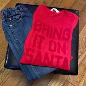 Boys size 6 jeans and size 6-8 Santa top.